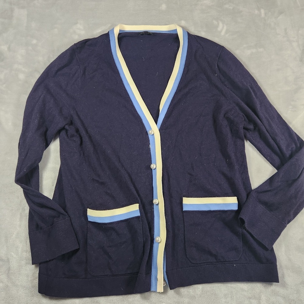 Talbots Tipped Cardigan Women XL Navy Blue Pearl Button Coastal Grandma